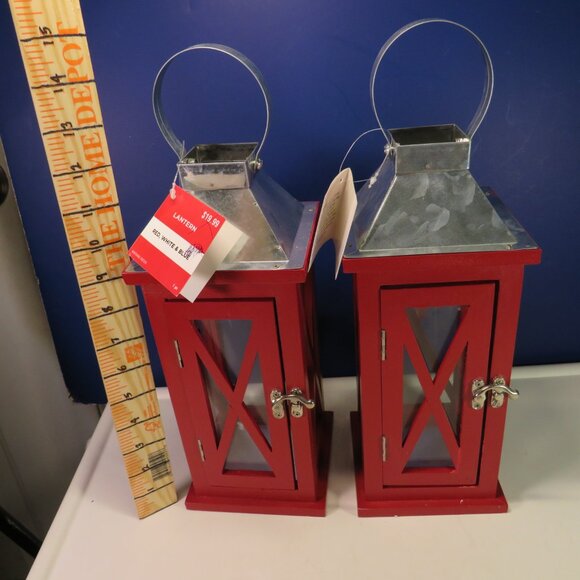 Other - (2) Red Wood & Glass Lanterns w metal hinges Farmhouse Winter Holiday